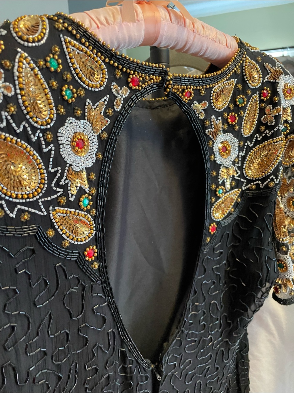 Vintage Laurence Kazar Silk Beaded Dress Black Gold Embellished L - Picture 9 of 10